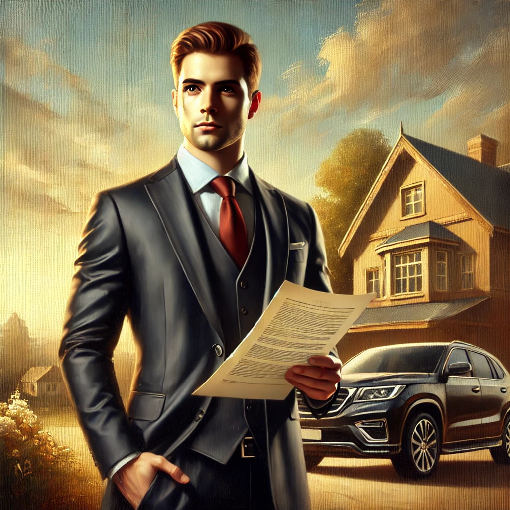 DALL·E 2024-10-22 15.05.54 - A professional standing confidently at the forefront of an oil painting, wearing formal attire. Behind them in the background, a well-maintained car a DALL·E 2024-10-22 15.05.54 - A professional standing confidently at the forefront of an oil painting, wearing formal attire. Behind them in the background, a well-maintained car a